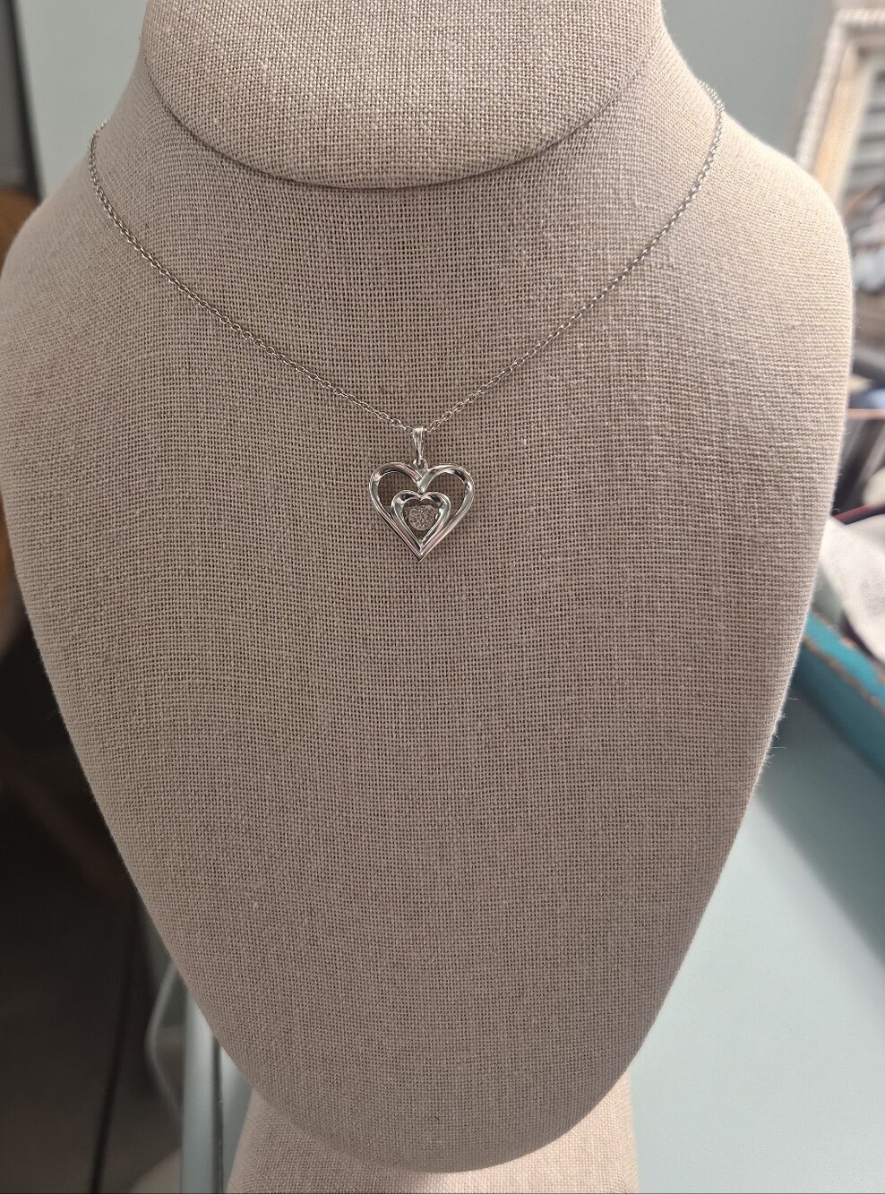 Sterling Silver Heart Pendant Necklace - Genuine Diamond Cluster